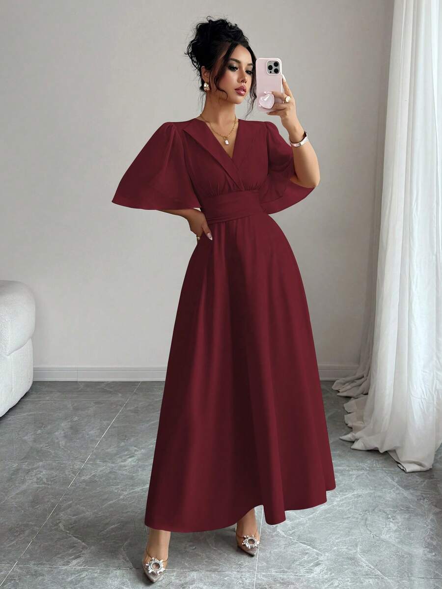 SHEIN Elenzga فستان عنابي من الشيفون بياقة وخصر مطوي بتصميم رقعي وأكمام مكشكشة