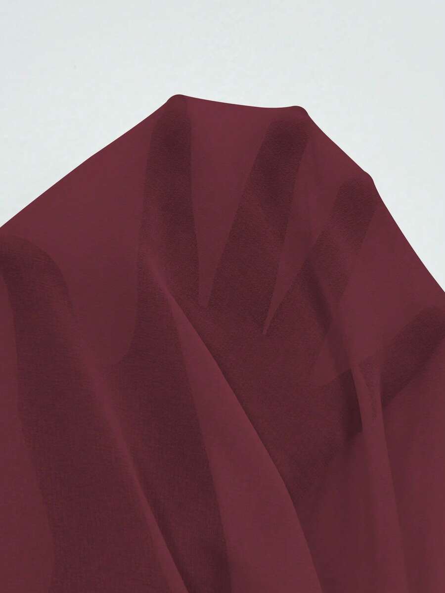 SHEIN Elenzga فستان عنابي من الشيفون بياقة وخصر مطوي بتصميم رقعي وأكمام مكشكشة