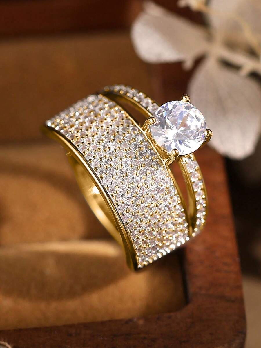 SHEIN خاتم ذهبي مرصع زركونيا