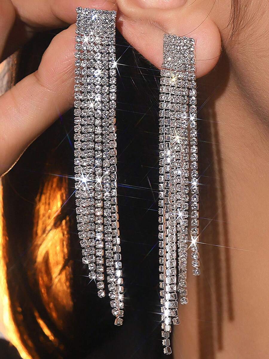 SHEIN زوج أقراط طويلة مرصعة راين