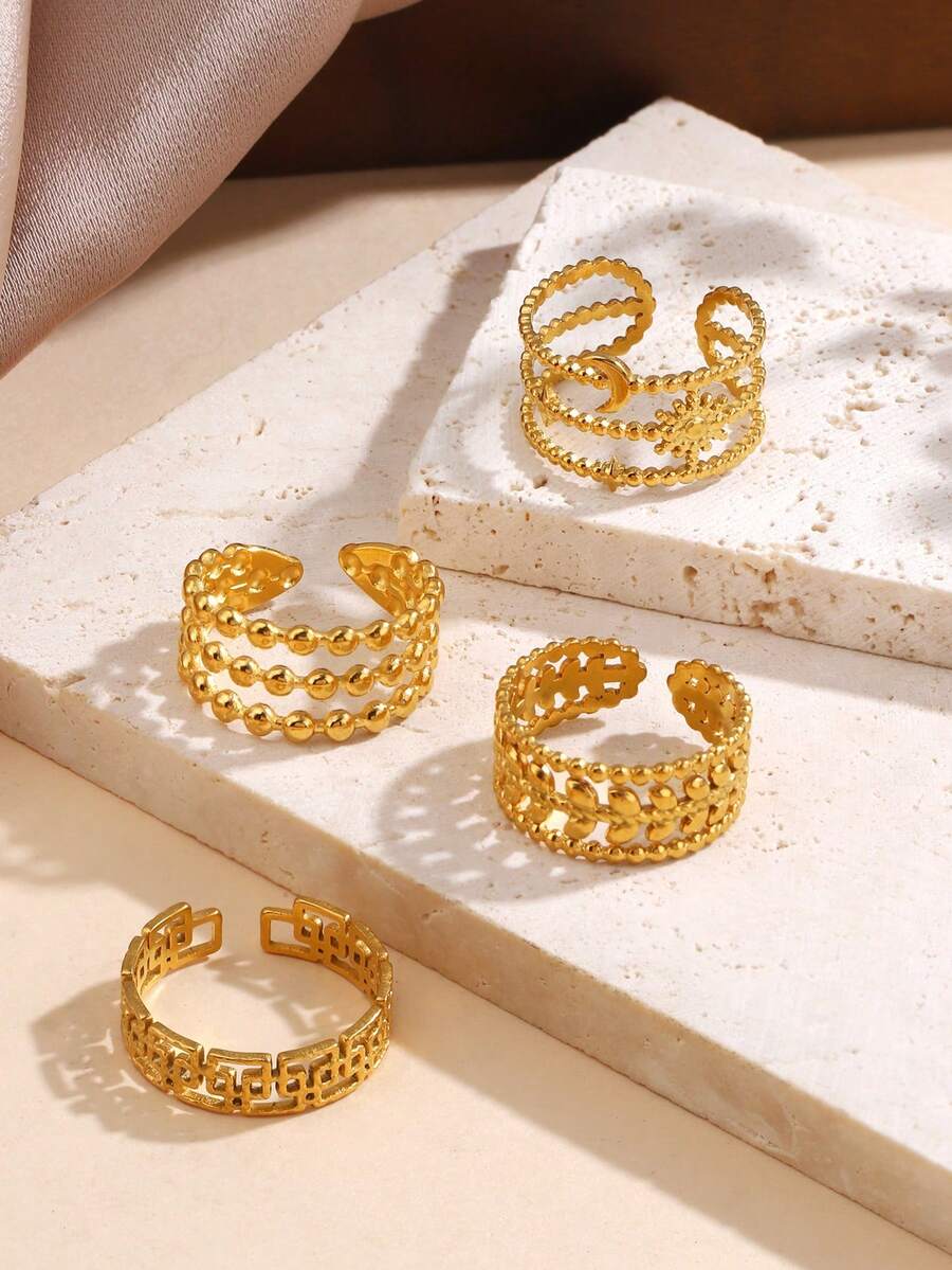 SHEIN طقم 4 خواتم ستانلس ستيل أوراق ونجوم وأقمار