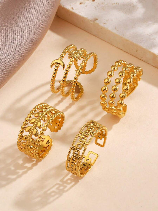 SHEIN طقم 4 خواتم ستانلس ستيل أوراق ونجوم وأقمار
