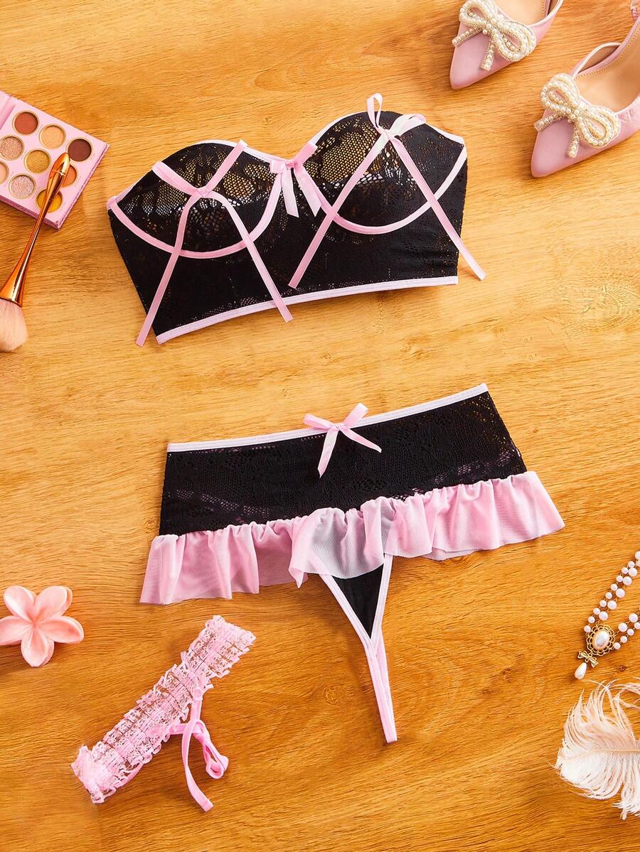 SHEIN FairyFlirt مجموعة ملابس داخلية مثيرة بفيونكة وتريم متباين