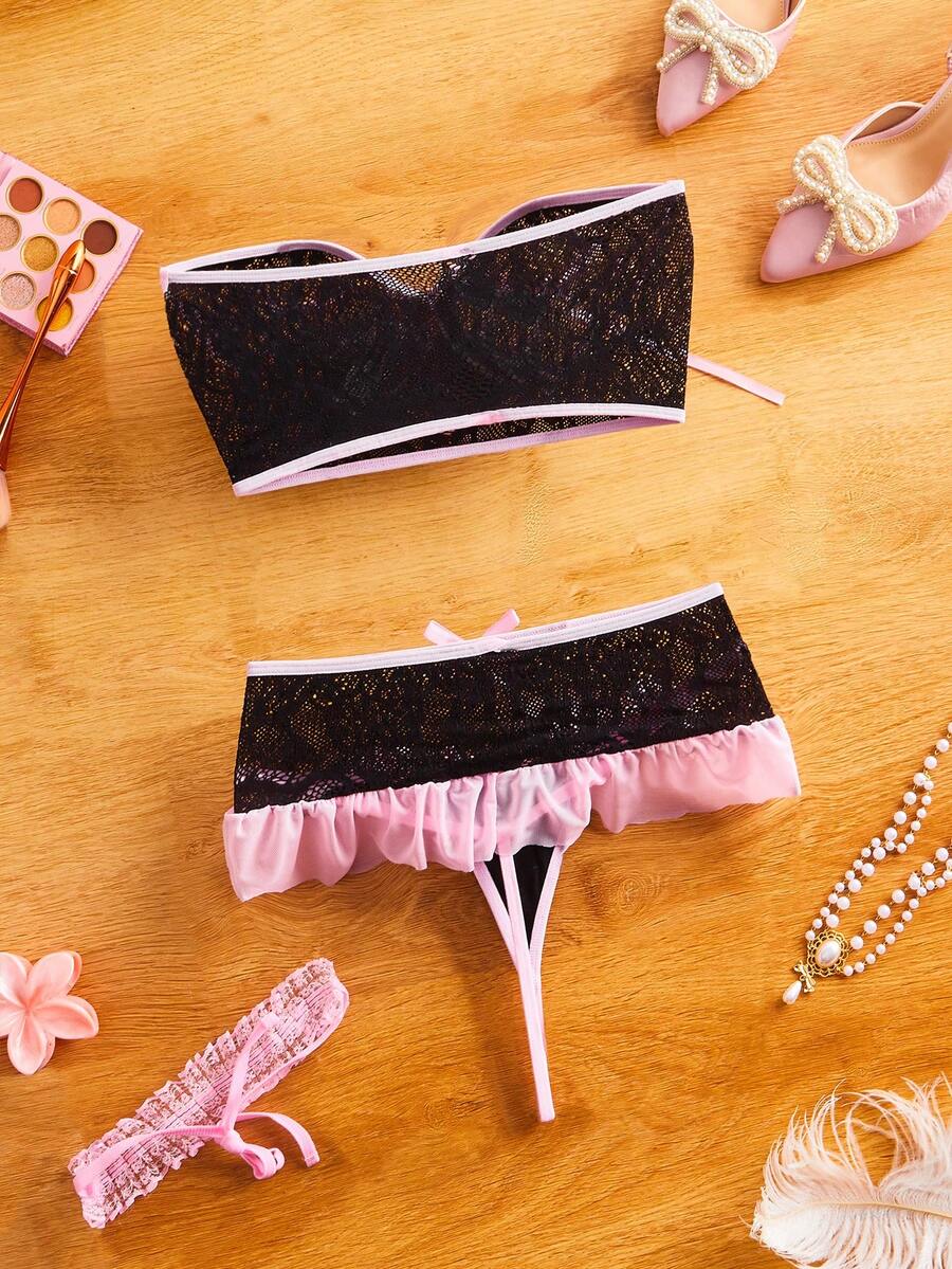 SHEIN FairyFlirt مجموعة ملابس داخلية مثيرة بفيونكة وتريم متباين