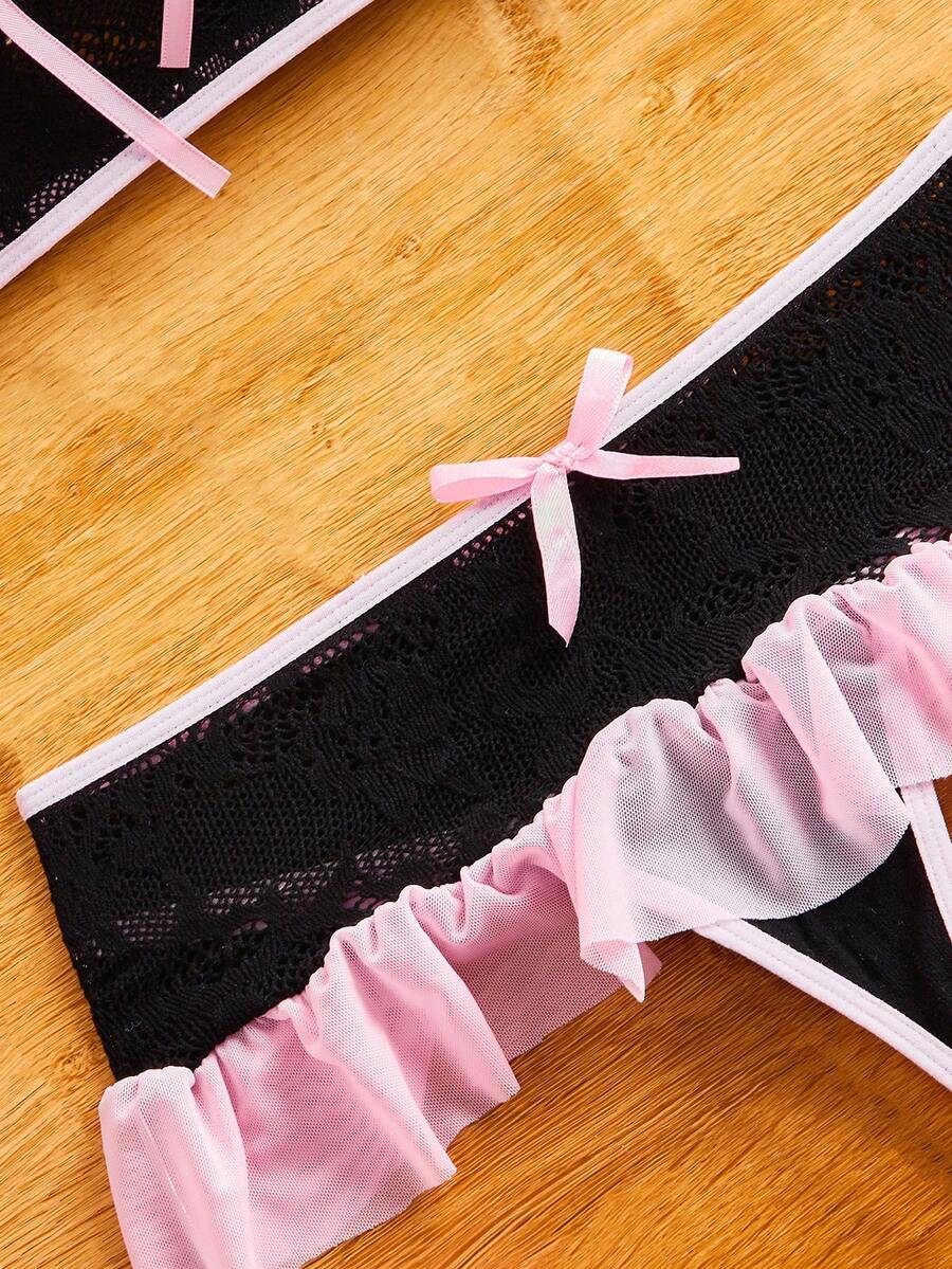 SHEIN FairyFlirt مجموعة ملابس داخلية مثيرة بفيونكة وتريم متباين