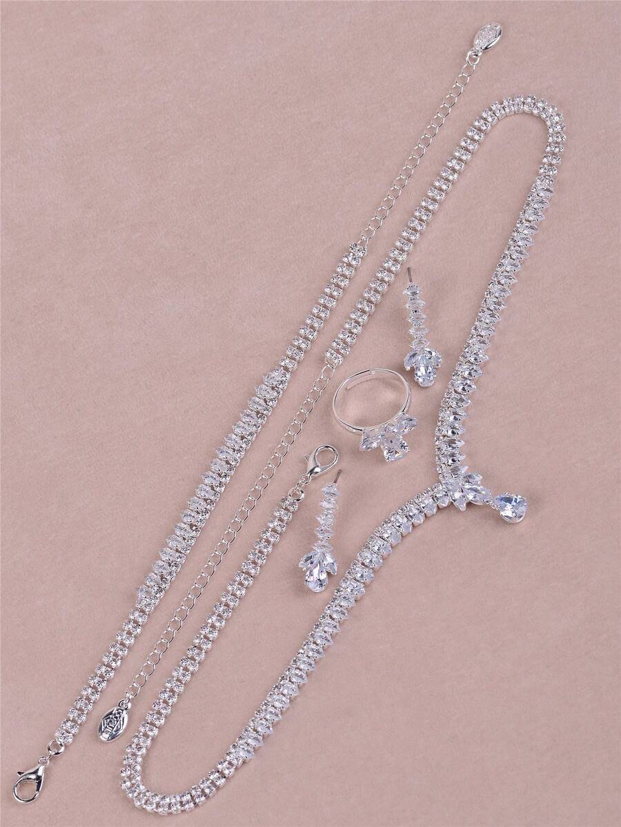 SHEIN CORUIXI طقم مجوهرات كامل 4 قطع فضة وزركونيا مع قلادة قطرة ماء