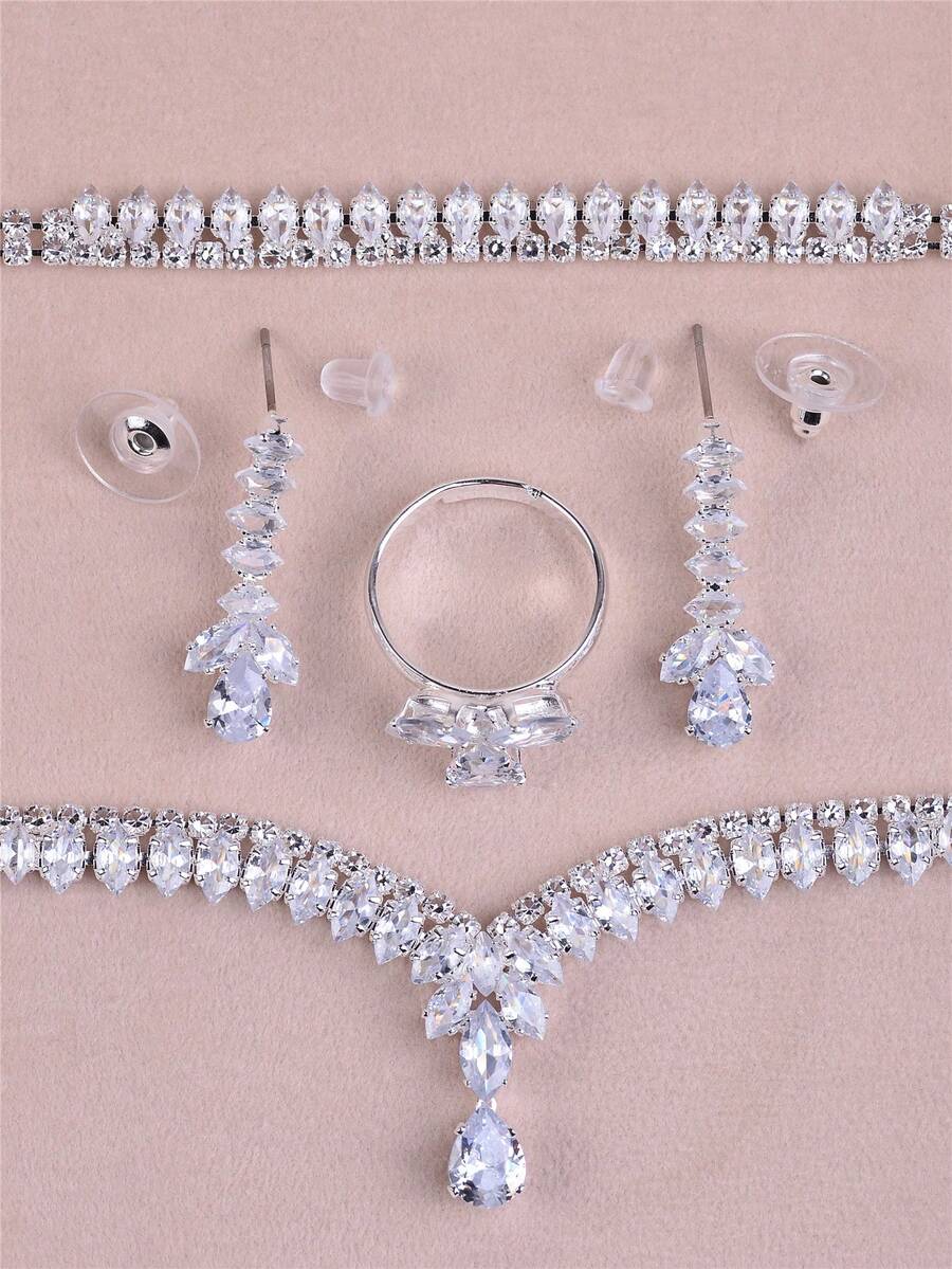 SHEIN CORUIXI طقم مجوهرات كامل 4 قطع فضة وزركونيا مع قلادة قطرة ماء