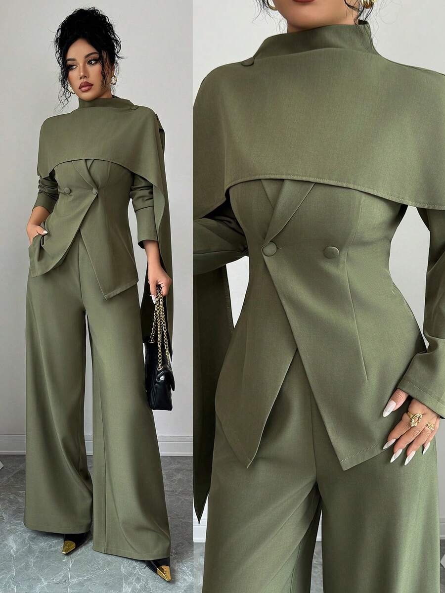 SHEIN Elenzya بدلة نسائية 3 قطع بجاكيت أخضر وبنطال مستقيم واسع وشال