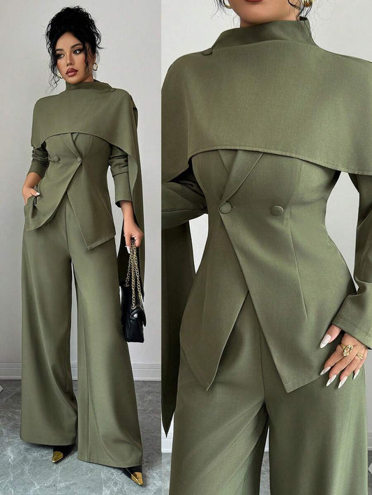 SHEIN Elenzya بدلة نسائية 3 قطع بجاكيت أخضر وبنطال مستقيم واسع وشال