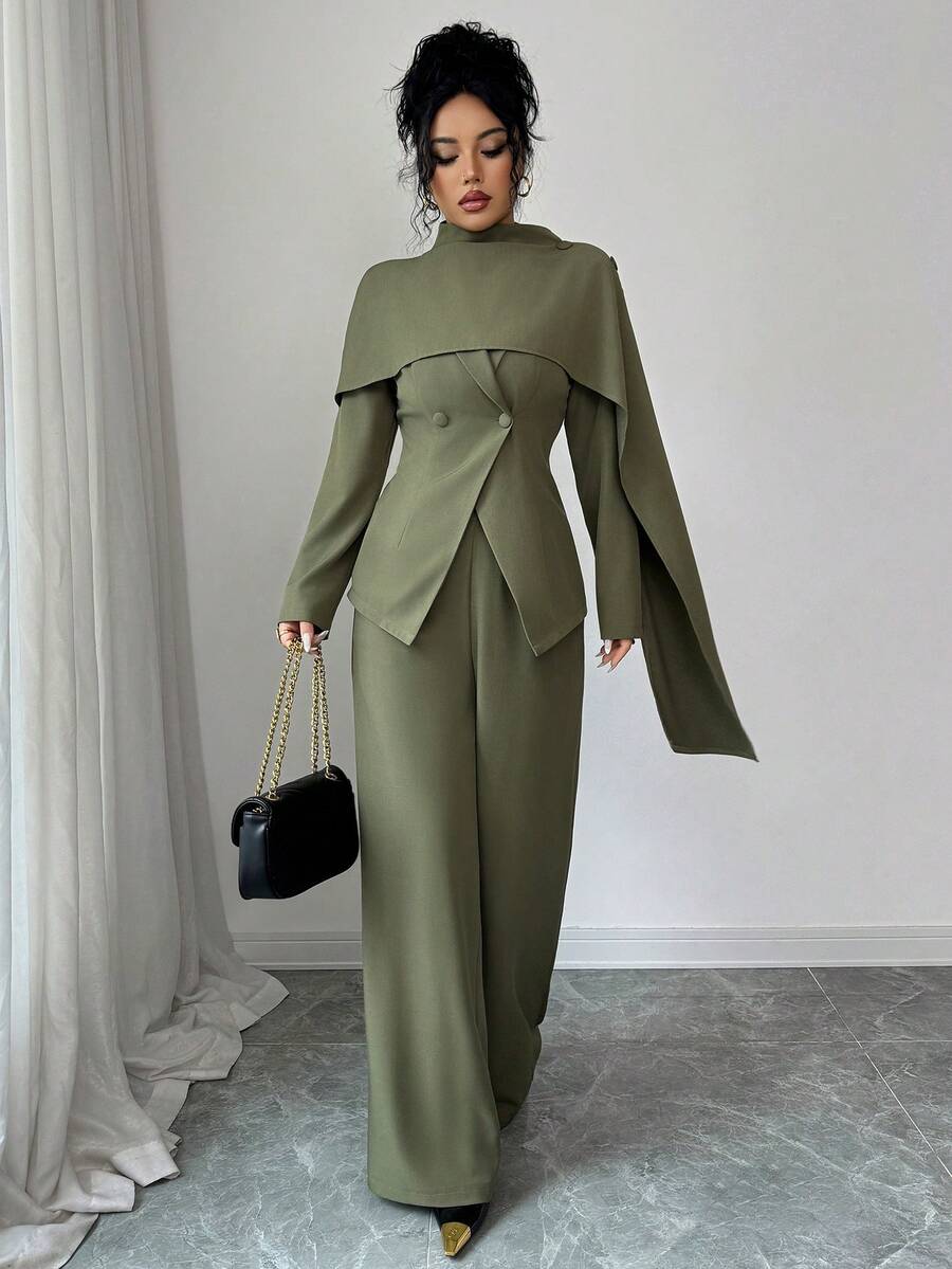 SHEIN Elenzya بدلة نسائية 3 قطع بجاكيت أخضر وبنطال مستقيم واسع وشال