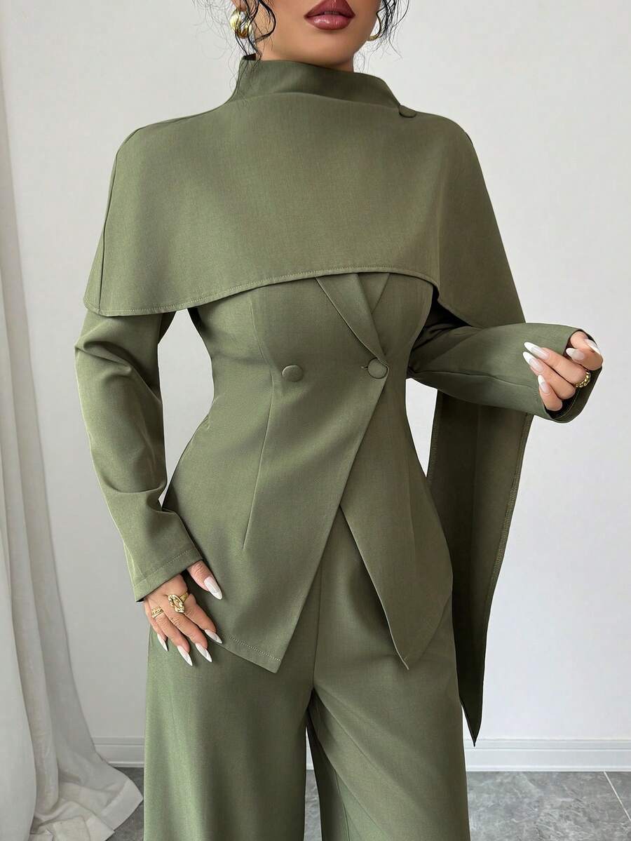 SHEIN Elenzya بدلة نسائية 3 قطع بجاكيت أخضر وبنطال مستقيم واسع وشال