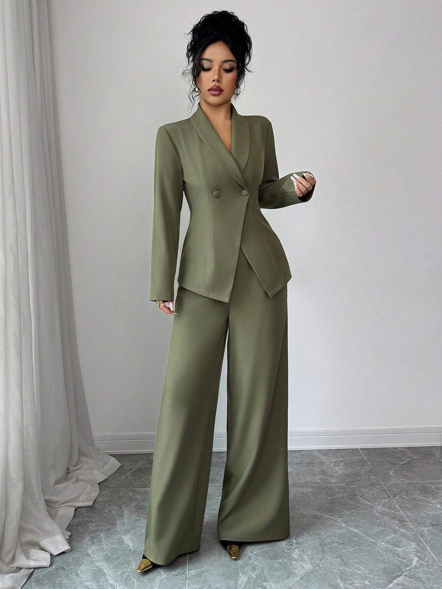 SHEIN Elenzya بدلة نسائية 3 قطع بجاكيت أخضر وبنطال مستقيم واسع وشال