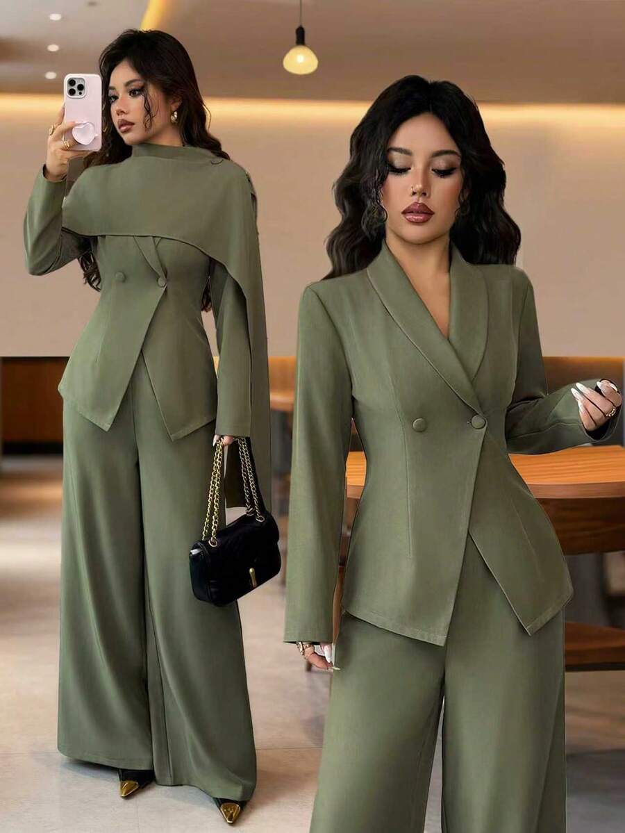 SHEIN Elenzya بدلة نسائية 3 قطع بجاكيت أخضر وبنطال مستقيم واسع وشال