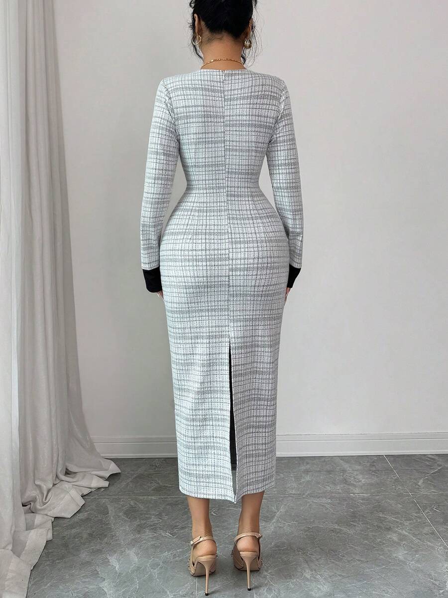 SHEIN Elenzya فستان متوسط الطول بأكمام طويلة برقبة مربعة