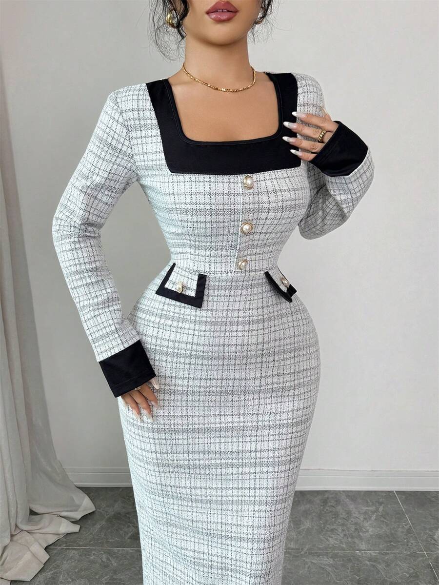 SHEIN Elenzya فستان متوسط الطول بأكمام طويلة برقبة مربعة