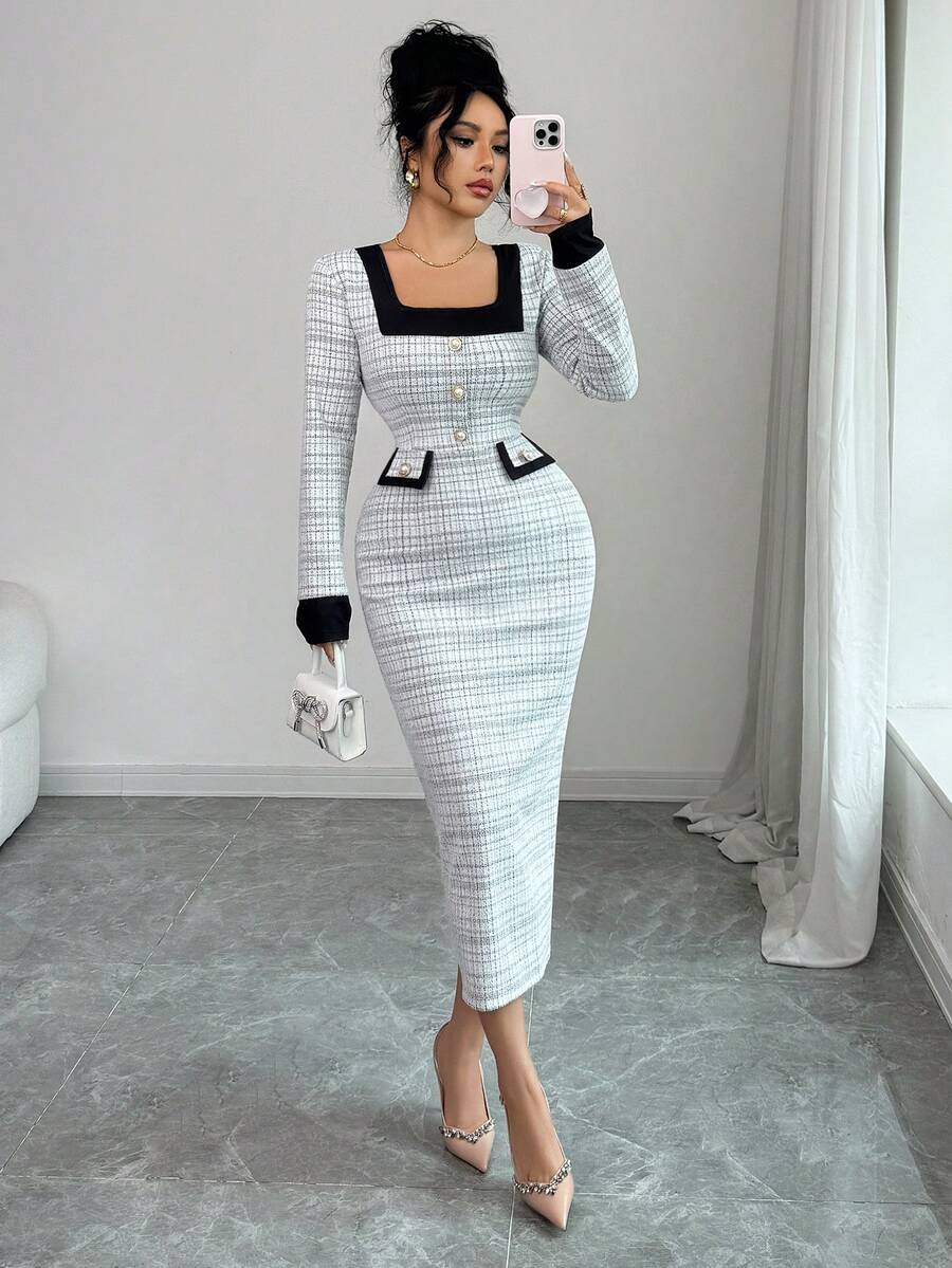 SHEIN Elenzya فستان متوسط الطول بأكمام طويلة برقبة مربعة