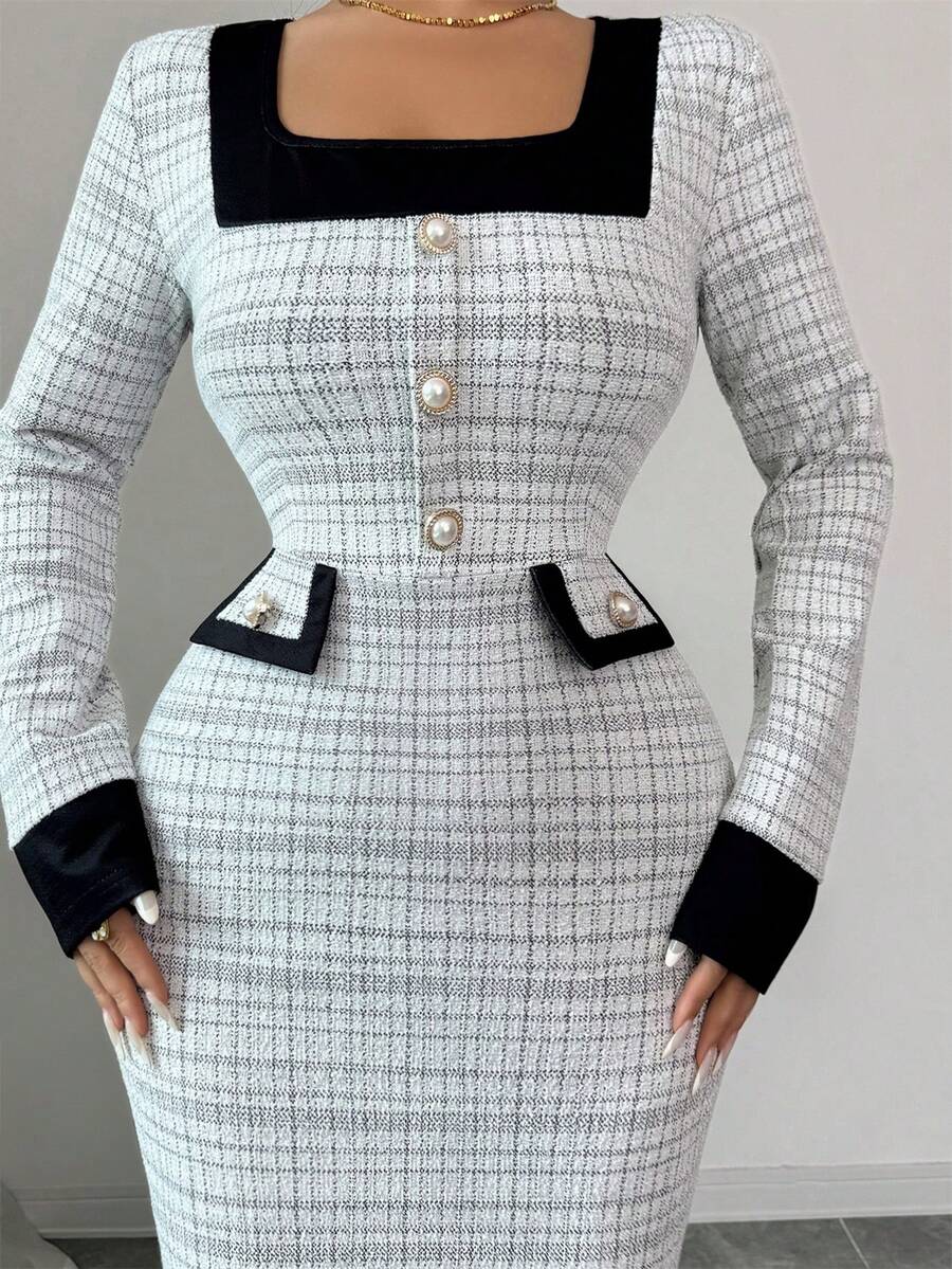 SHEIN Elenzya فستان متوسط الطول بأكمام طويلة برقبة مربعة