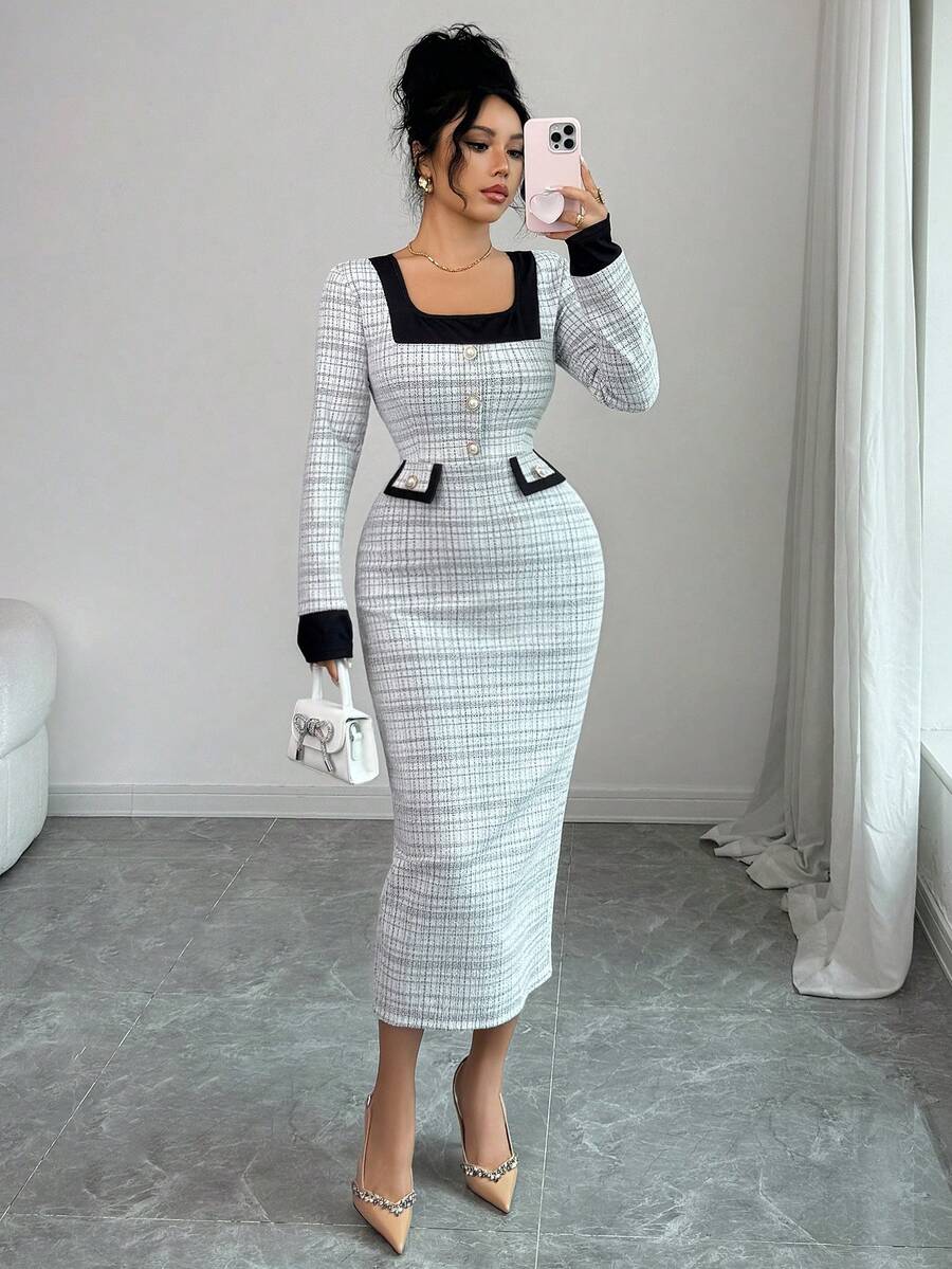 SHEIN Elenzya فستان متوسط الطول بأكمام طويلة برقبة مربعة