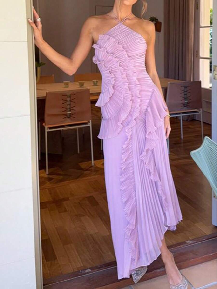 SHEIN فستان برقبة هالتر بظهر مكشوف وكشكشة بلون أرجواني