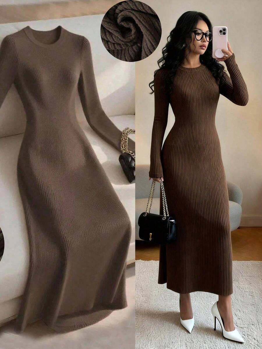 SHEIN Franclia فستان بني متوسط الطول بياقة مستديرة ونقشة مخططة