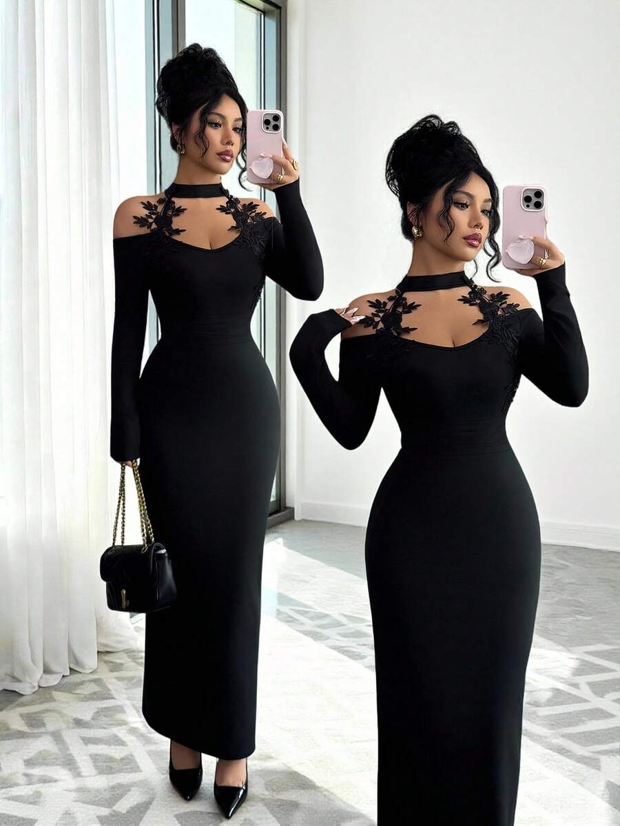 SHEIN Elenzga فستان ماكسي أسود ضيق بأكمام طويلة ورقبة عالية
