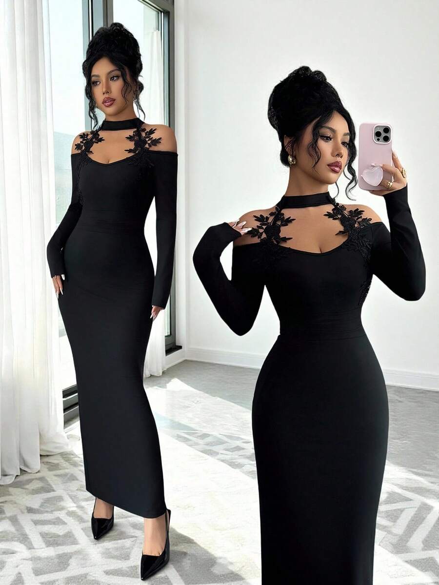 SHEIN Elenzga فستان ماكسي أسود ضيق بأكمام طويلة ورقبة عالية