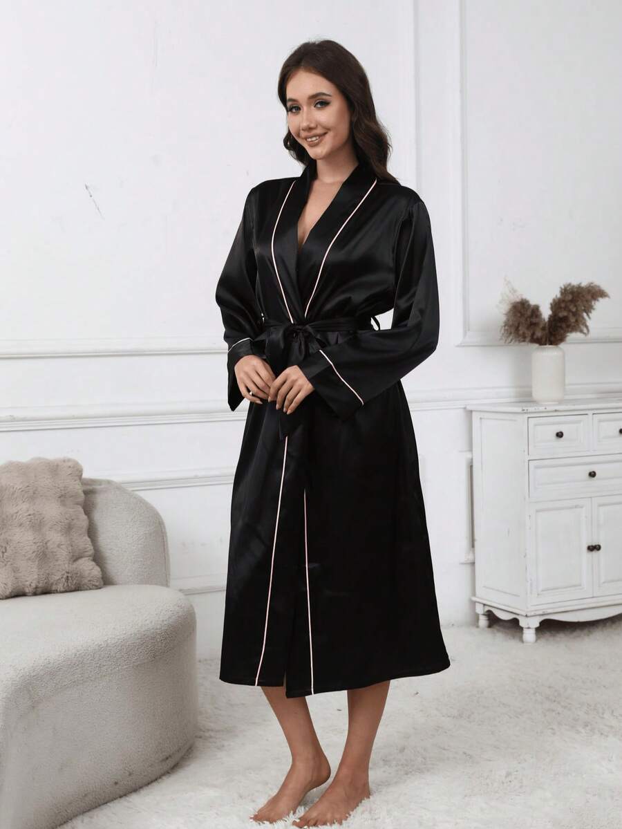 SHEIN ثوب سباحة فاخر أسود بياقة مع حزام أنيق