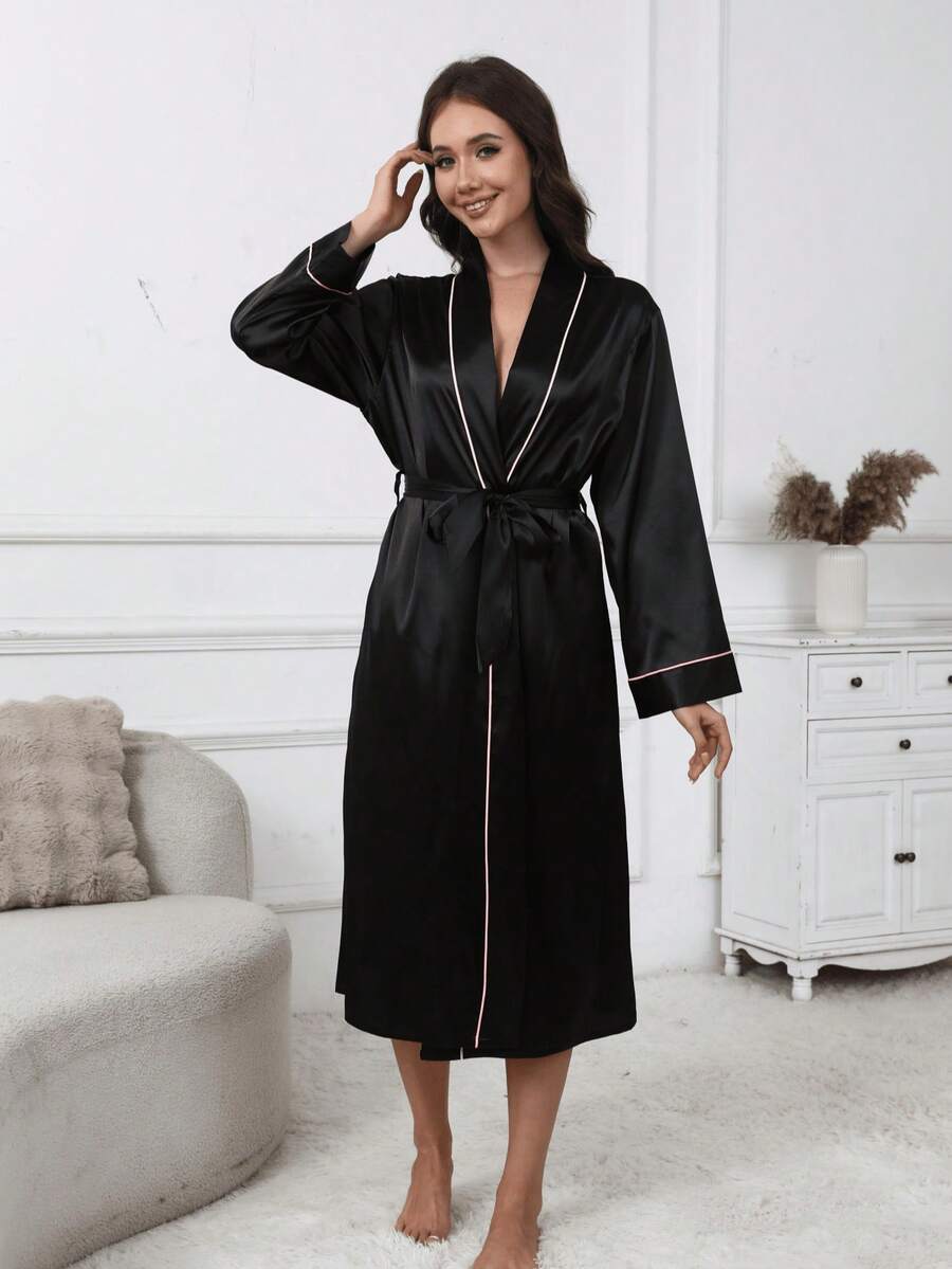 SHEIN ثوب سباحة فاخر أسود بياقة مع حزام أنيق