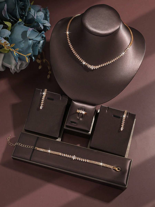 SHEIN طقم 5 قطع مجوهرات مرصع بالراين بتصميم هندسي