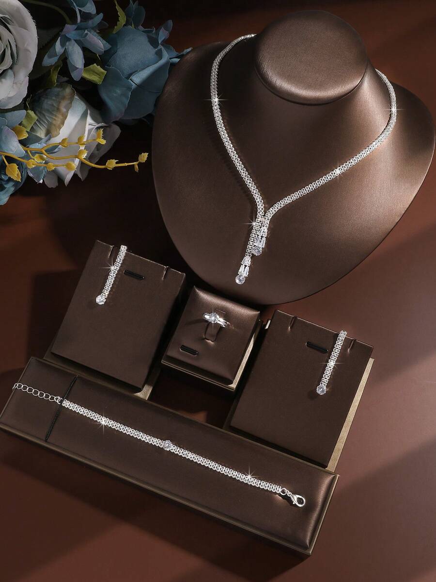 SHEIN طقم 5 قطع مجوهرات بزركونيا قطرات ماء