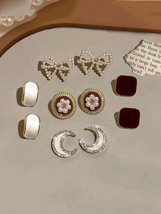 SHEIN طقم 5 أقراط دبوس قمر أبيض وفيونكة لؤلؤ مزيف وراين