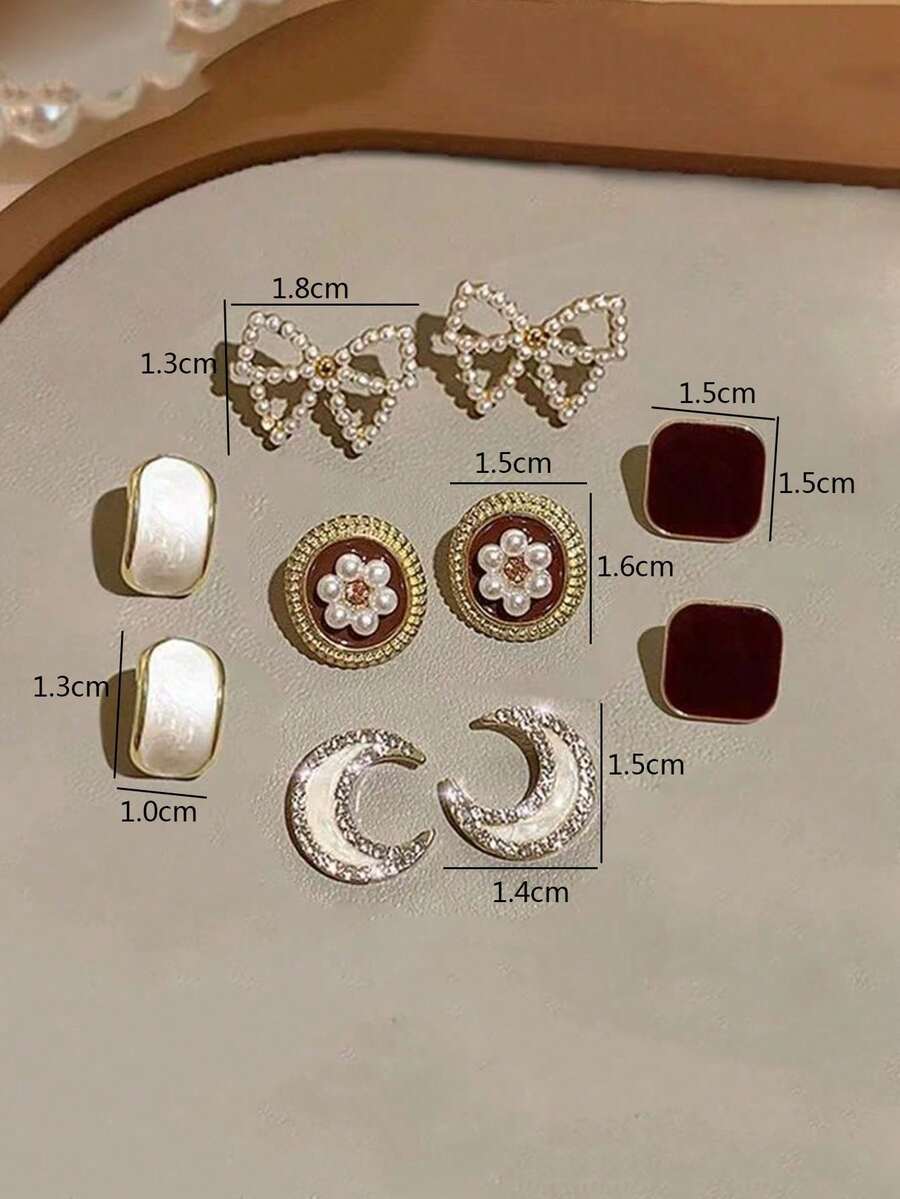 SHEIN طقم 5 أقراط دبوس قمر أبيض وفيونكة لؤلؤ مزيف وراين