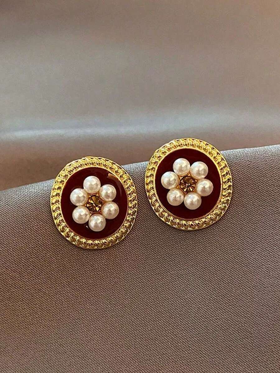 SHEIN طقم 5 أقراط دبوس قمر أبيض وفيونكة لؤلؤ مزيف وراين