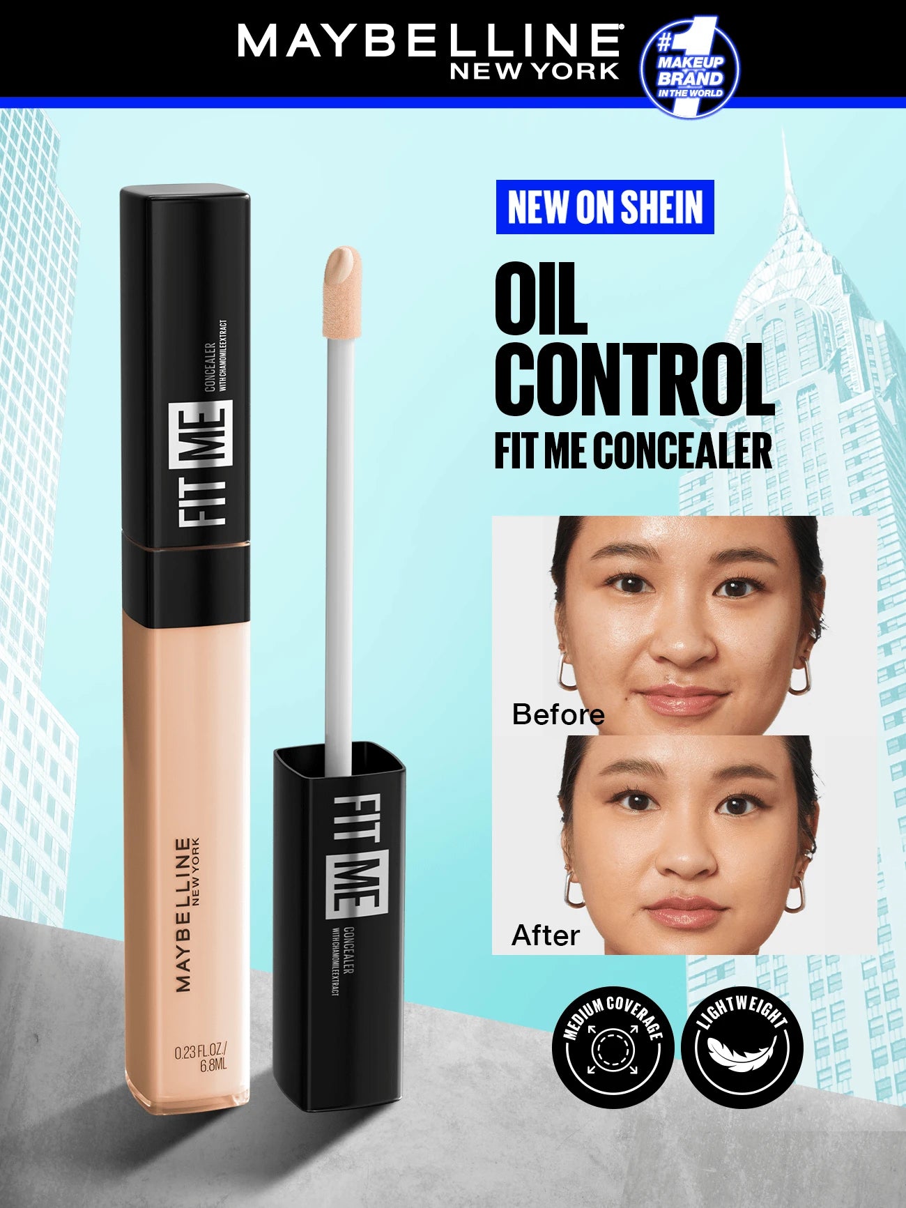 Maybelline مخفي متوسط 6.8 مل بدون زيت وطويل الأمد