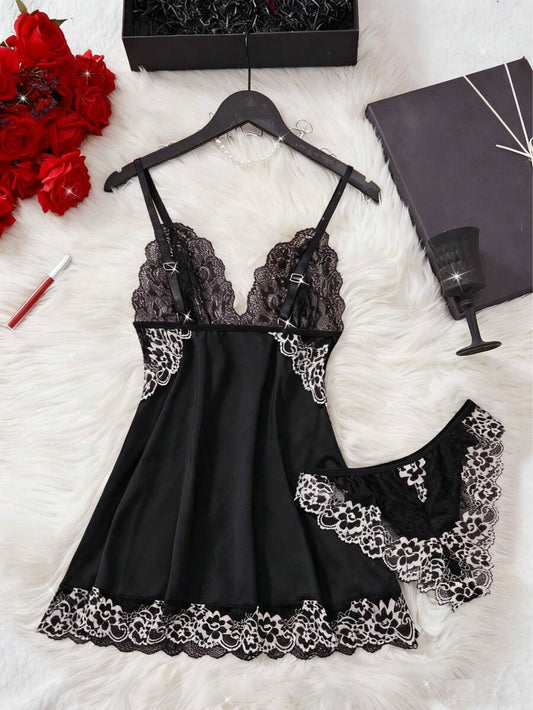 SHEIN طقم نوم 2 قطعة فستان شفاف وربطة عنق وسروال داخلي