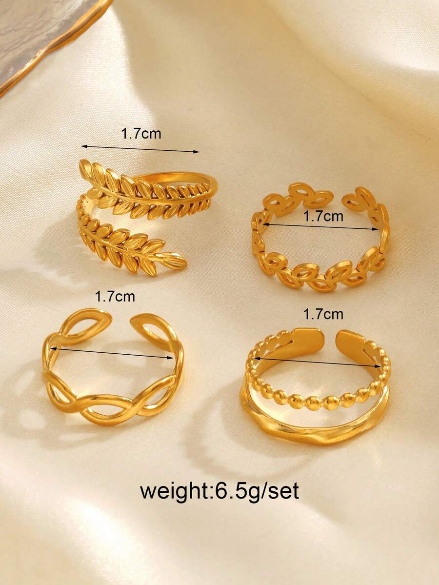 SHEIN طقم 4 خواتم ستانلس ستيل بتصميم أوراق بسيطة