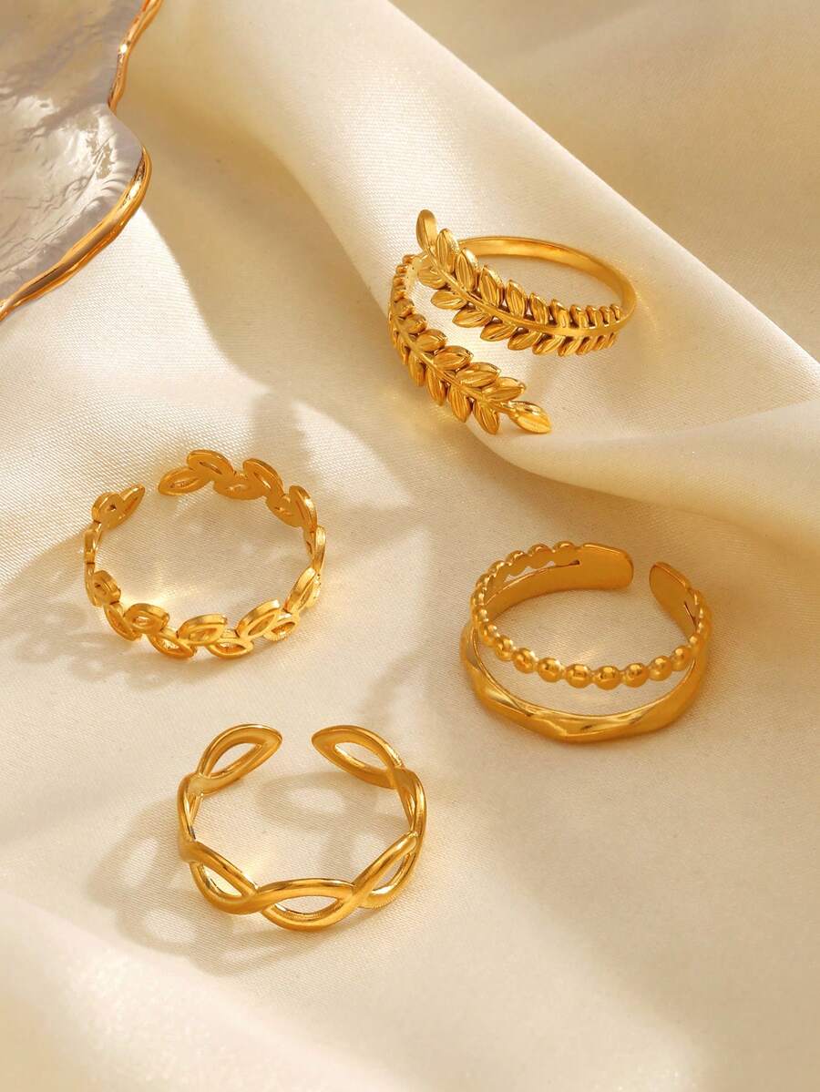 SHEIN طقم 4 خواتم ستانلس ستيل بتصميم أوراق بسيطة