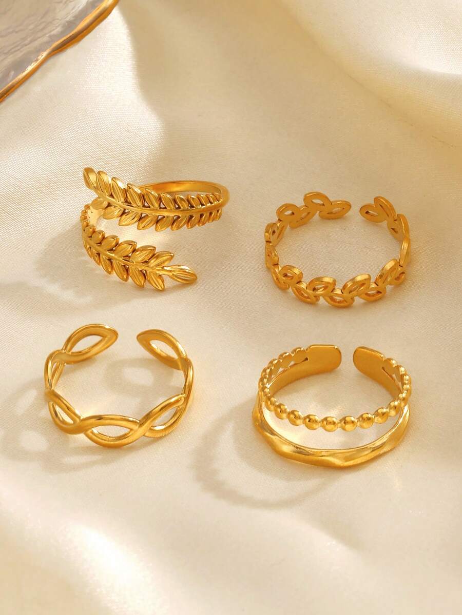 SHEIN طقم 4 خواتم ستانلس ستيل بتصميم أوراق بسيطة