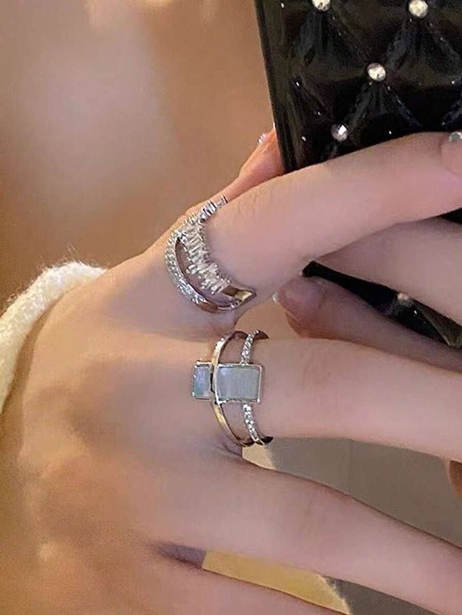 SHEIN طقم 5 خواتم قابلة للتعديل مرصعة زركونيا