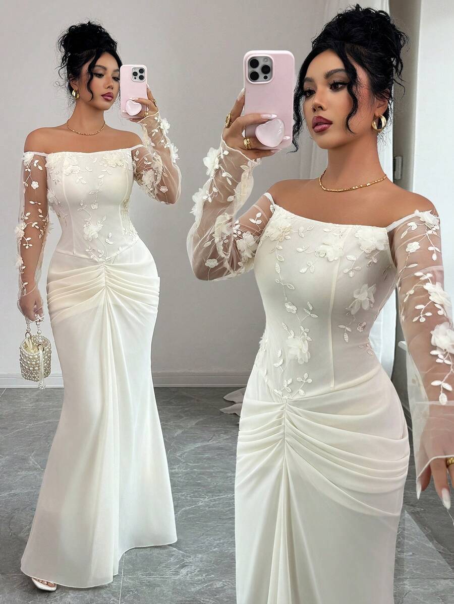 SHEIN Elenzya فستان حفلات طويل أنيق بياقة منحرفة الكتف ومطوي