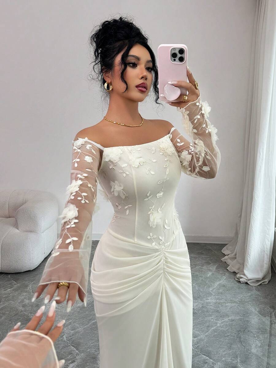 SHEIN Elenzya فستان حفلات طويل أنيق بياقة منحرفة الكتف ومطوي