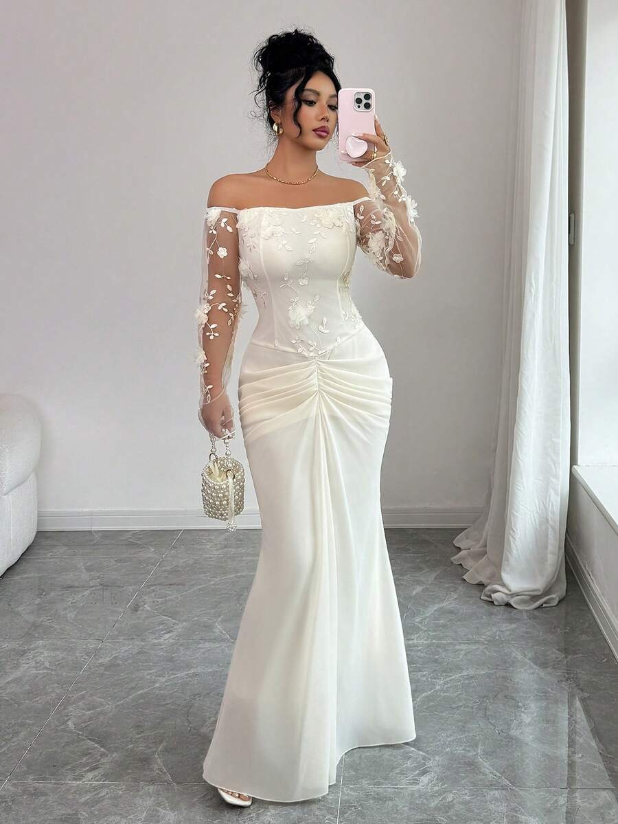 SHEIN Elenzya فستان حفلات طويل أنيق بياقة منحرفة الكتف ومطوي