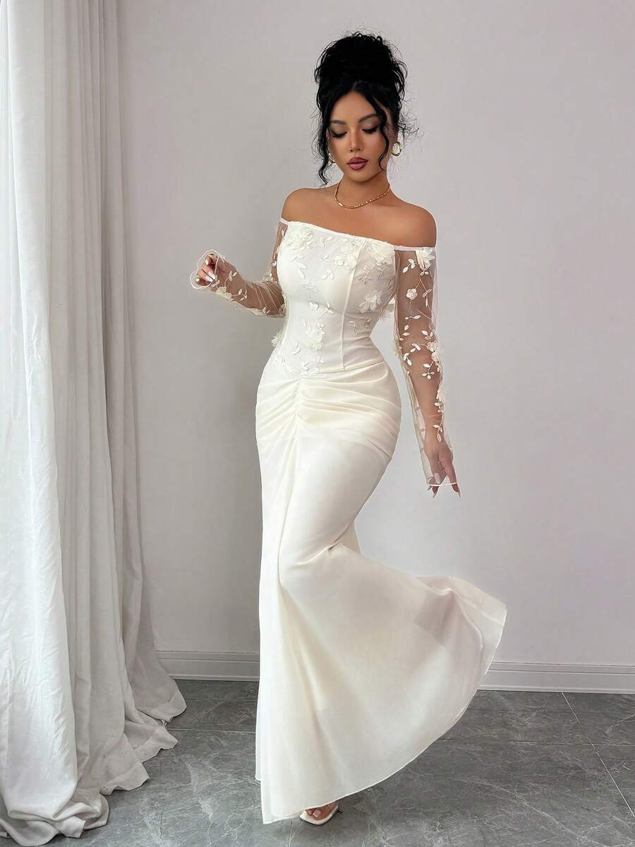 SHEIN Elenzya فستان حفلات طويل أنيق بياقة منحرفة الكتف ومطوي