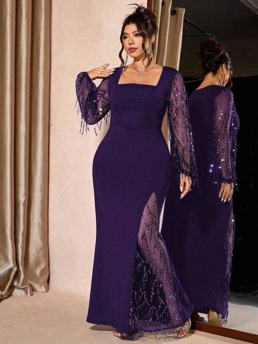 SHEIN Cravure فستان حفلات أرجواني بياقة مربعة بشبكة لامعة وشق عالي