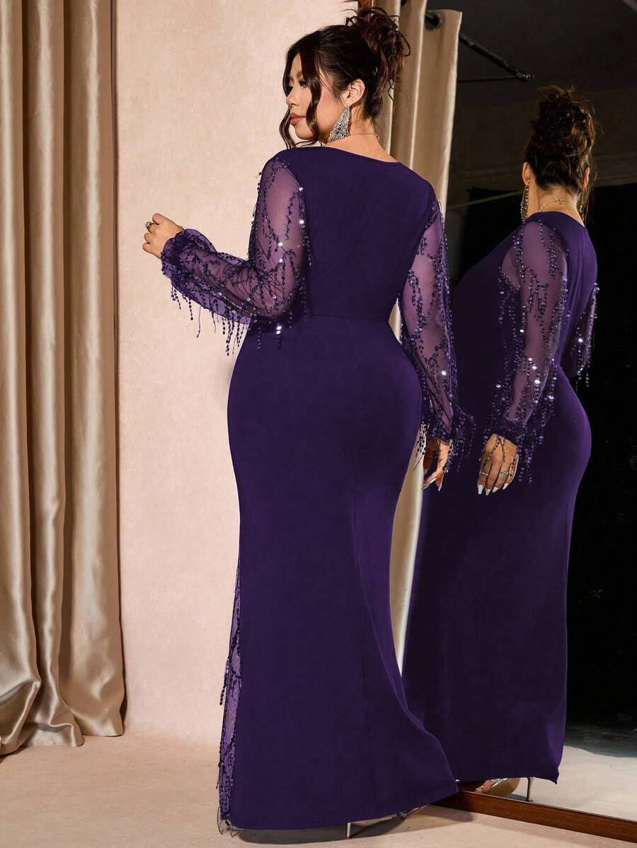 SHEIN Cravure فستان حفلات أرجواني بياقة مربعة بشبكة لامعة وشق عالي