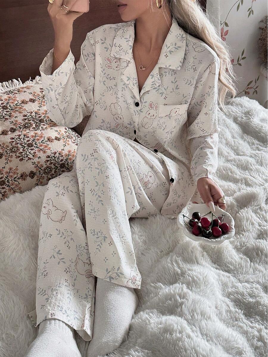 SHEIN CottageSlumber بيجامة بكم طويل وبنطلون بطبعة أرانب وزهور