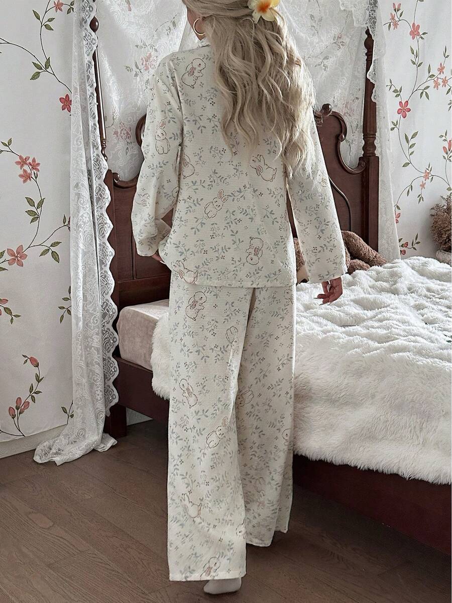 SHEIN CottageSlumber بيجامة بكم طويل وبنطلون بطبعة أرانب وزهور