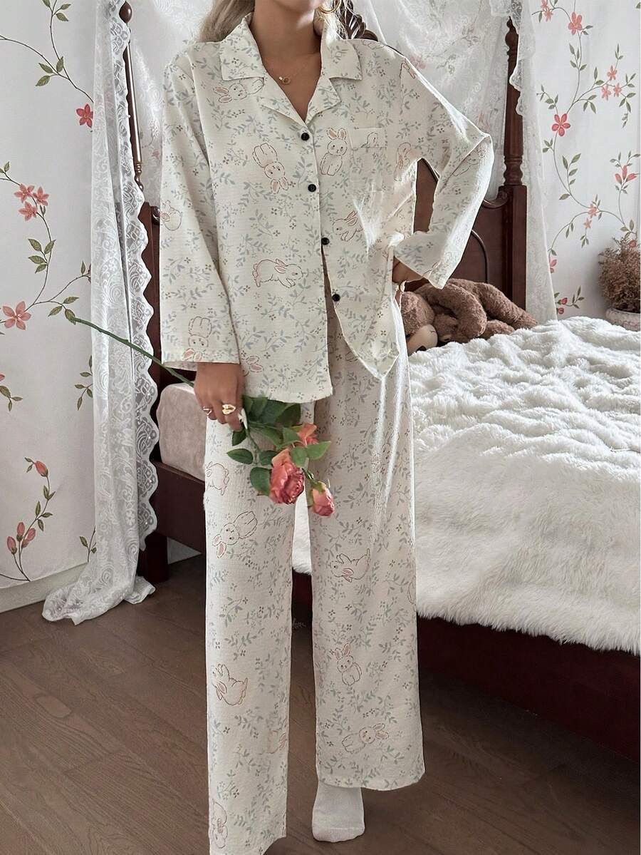 SHEIN CottageSlumber بيجامة بكم طويل وبنطلون بطبعة أرانب وزهور