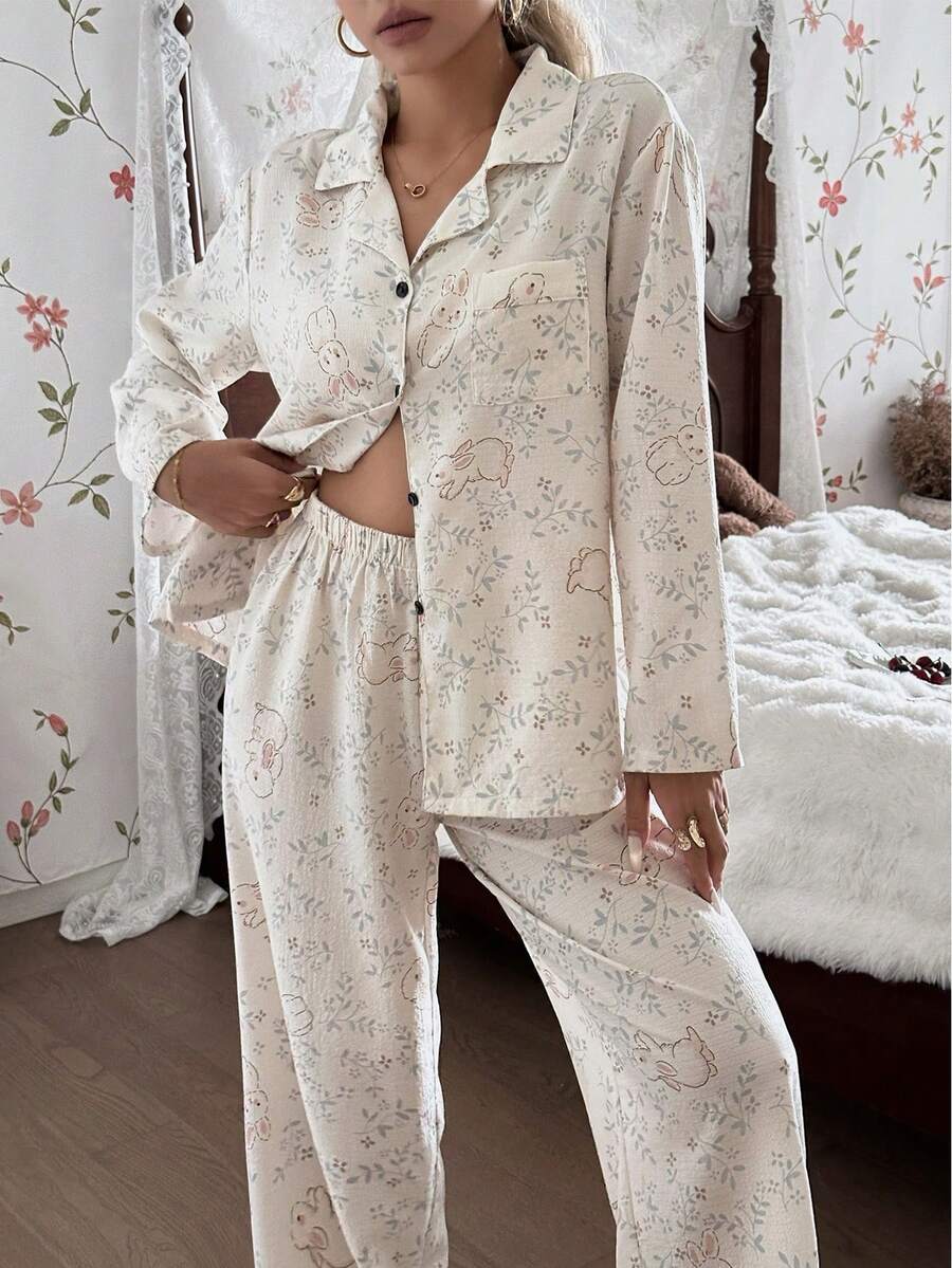 SHEIN CottageSlumber بيجامة بكم طويل وبنطلون بطبعة أرانب وزهور