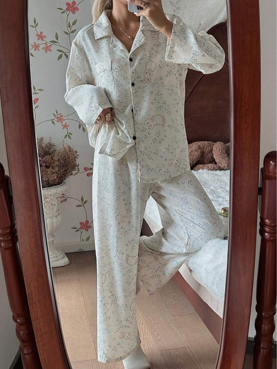 SHEIN CottageSlumber بيجامة بكم طويل وبنطلون بطبعة أرانب وزهور
